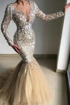 Gorgeous V-Neck Long-Sleeve Mermaid Floor-Length Prom Dresses with Sequins