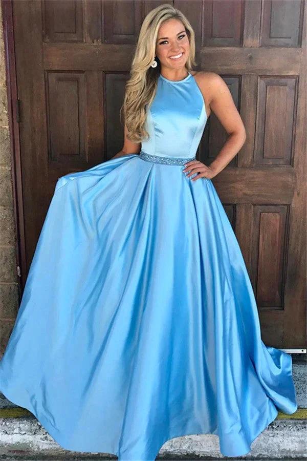 Graceful Long A-line Jewel Satin Blue Prom Dress