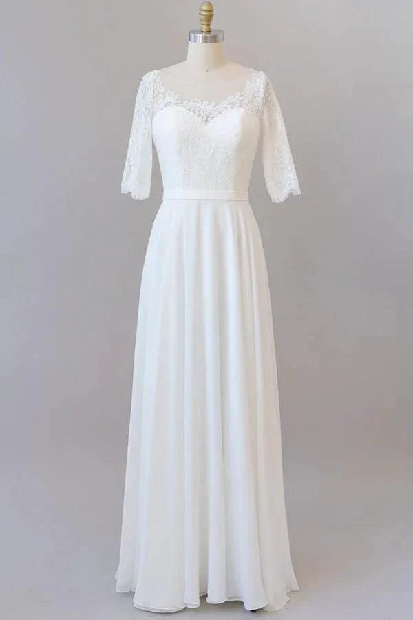 Graceful Long A-line Lace Chiffon Wedding Dress with Sleeves
