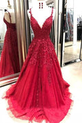 Graceful Long A-line V-neck Open Back Lace Red Prom Dress