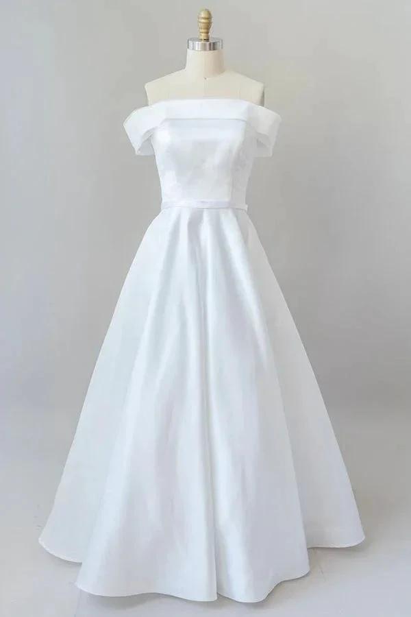 Graceful Long Ball Gown Off Shoulder Satin Wedding Dress
