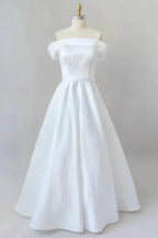 Graceful Long Ball Gown Off Shoulder Satin Wedding Dress