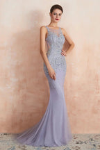 Graceful Long Jewel Tulle Mermaid Evening Dress