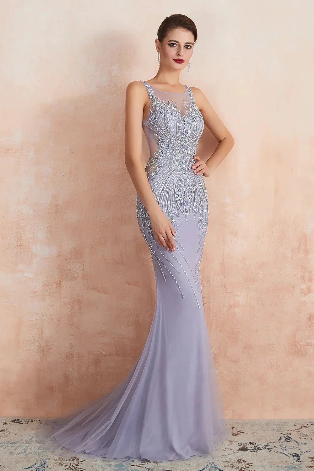Graceful Long Jewel Tulle Mermaid Evening Dress