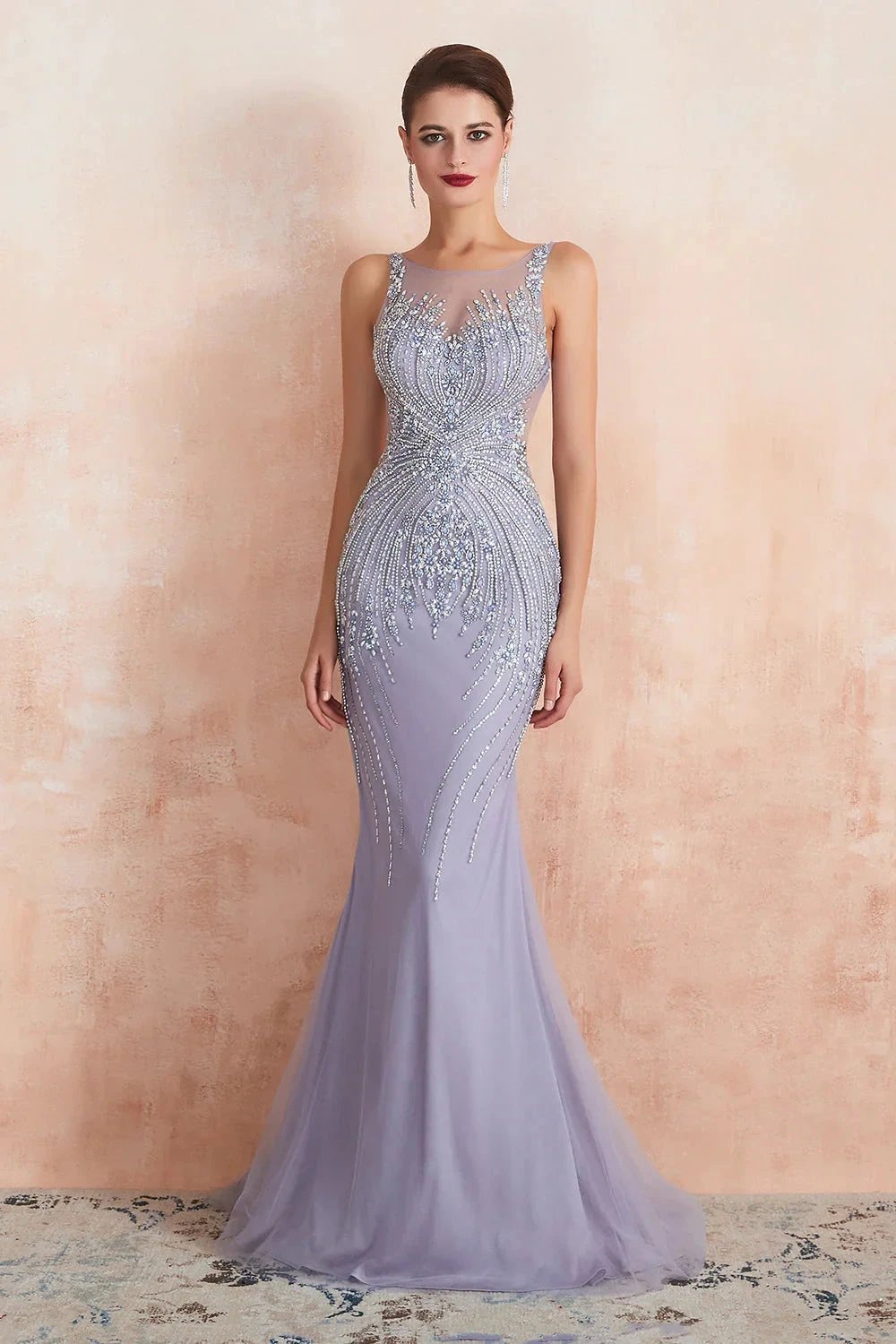 Graceful Long Jewel Tulle Mermaid Evening Dress
