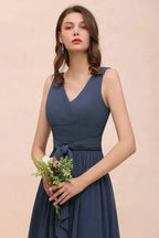 Gray Side Split Bridesmaid Dress V-Neck Sleeveless Floor Length dress for Bride