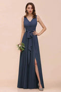 Gray Side Split Bridesmaid Dress V-Neck Sleeveless Floor Length dress for Bride
