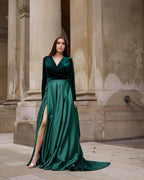 Green Long Sleeves A-line V-neck Velvet Prom Dress with Slit