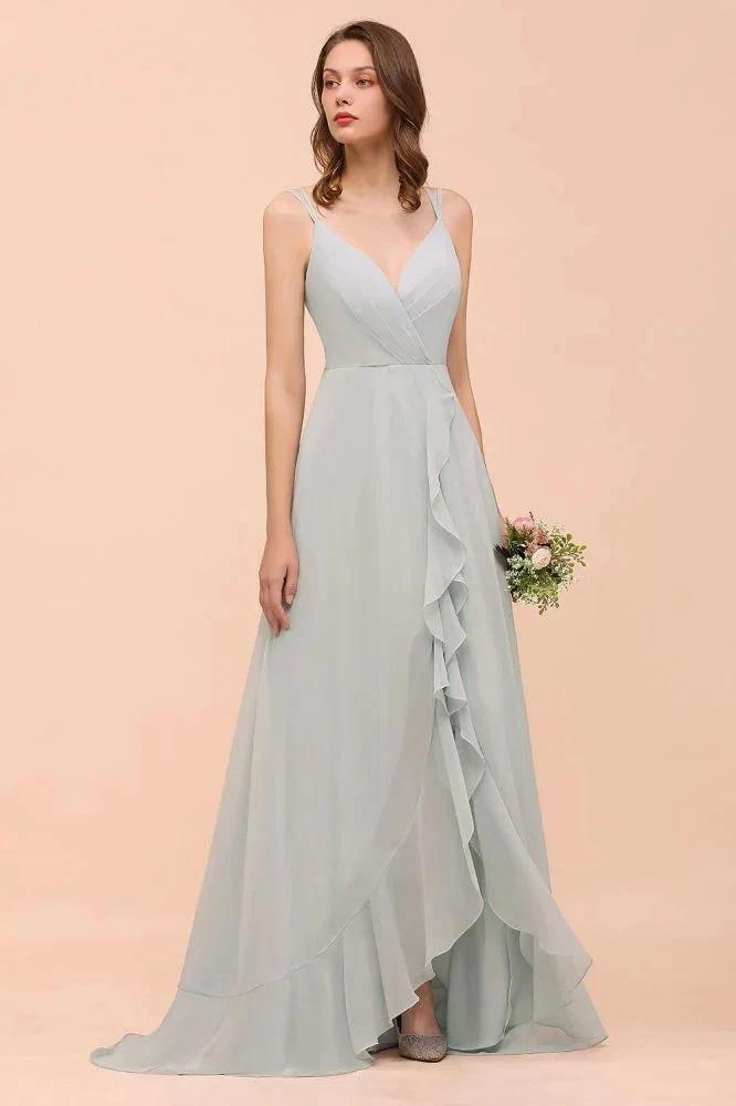 Grey Bridesmaid Dress Spaghetti V-Neck Ruffle Beach Wedding Party Dress
