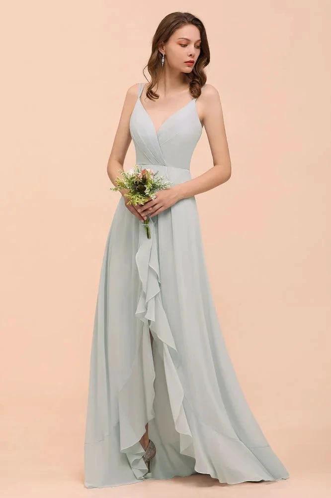 Grey Bridesmaid Dress Spaghetti V-Neck Ruffle Beach Wedding Party Dress