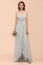 Grey Bridesmaid Dress Spaghetti V-Neck Ruffle Beach Wedding Party Dress
