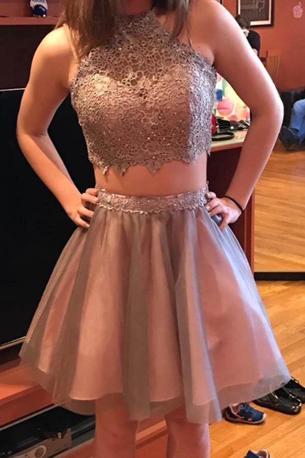 Grey Short Two Piece Halter Homecoming Party Dress with Lace PD295