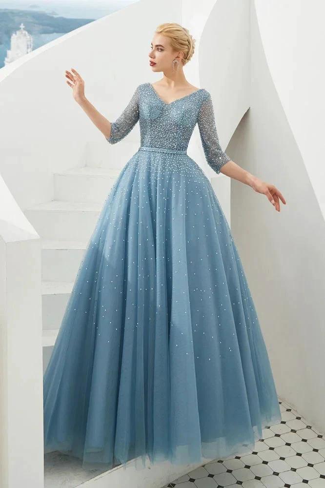 Half Sleeve Aline Tulle Evening Maxi Gown Beads V-Neck Prom Dress