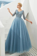 Half Sleeve Aline Tulle Evening Maxi Gown Beads V-Neck Prom Dress