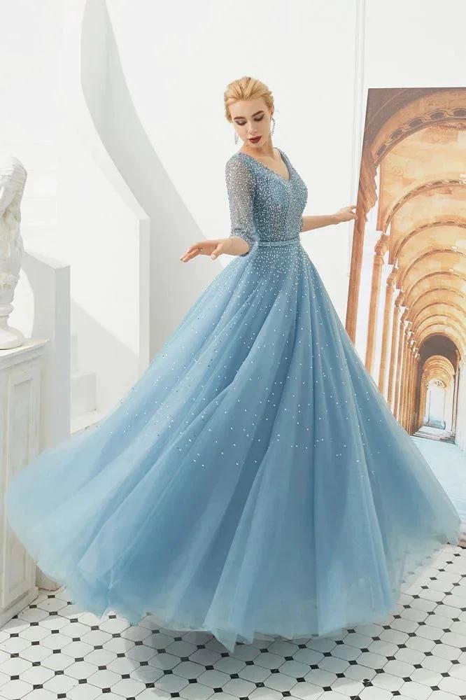 Half Sleeve Aline Tulle Evening Maxi Gown Beads V-Neck Prom Dress