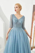 Half Sleeve Aline Tulle Evening Maxi Gown Beads V-Neck Prom Dress