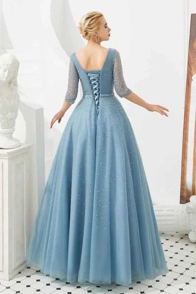 Half Sleeve Aline Tulle Evening Maxi Gown Beads V-Neck Prom Dress