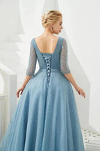 Half Sleeve Aline Tulle Evening Maxi Gown Beads V-Neck Prom Dress