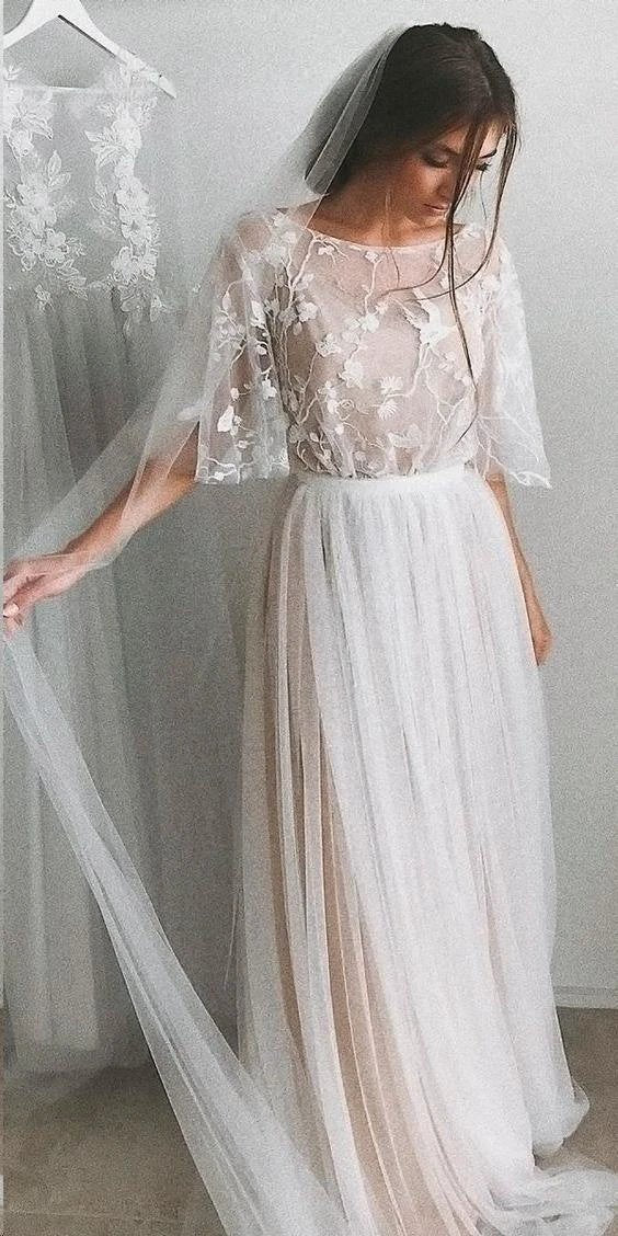 Half Sleeve Wedding Dresses A-line  Elegant Simple Romantic Lace Bridal Gown  WD424