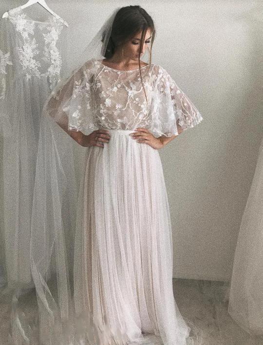 Half Sleeve Wedding Dresses A-line  Elegant Simple Romantic Lace Bridal Gown  WD424