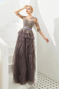 Half Sleeves Floral lace Prom Dress Fur Floor Length Evening Party Dress