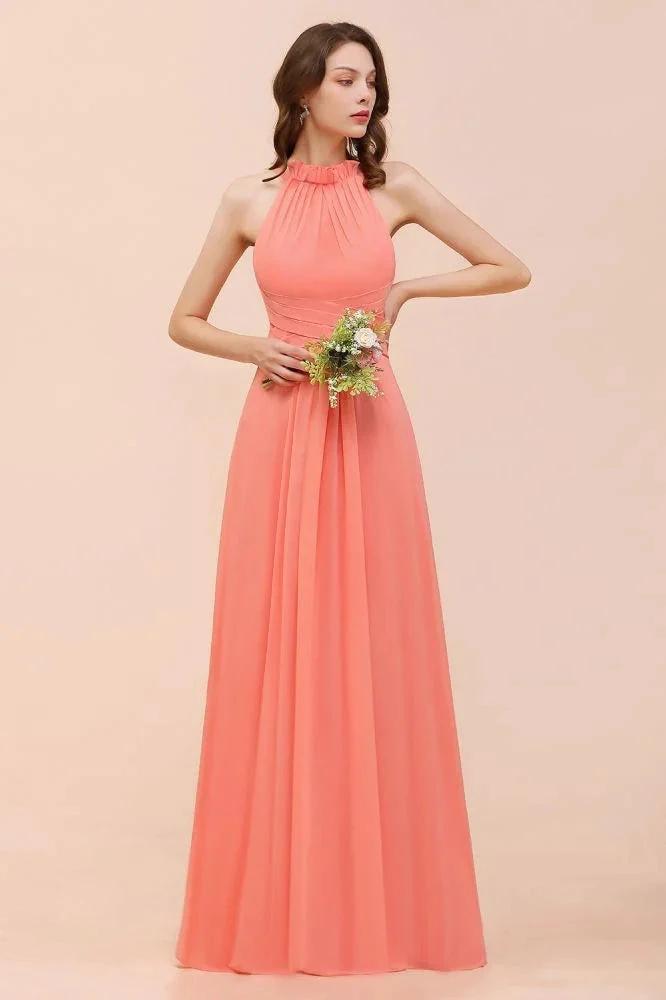 halter Beach Bridesmaid Dress Girls Coral Floor Length Wedding Party Dress