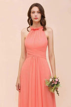 halter Beach Bridesmaid Dress Girls Coral Floor Length Wedding Party Dress