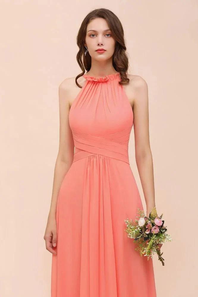 halter Beach Bridesmaid Dress Girls Coral Floor Length Wedding Party Dress