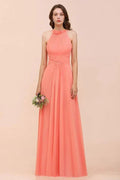 halter Beach Bridesmaid Dress Girls Coral Floor Length Wedding Party Dress