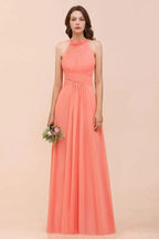 halter Beach Bridesmaid Dress Girls Coral Floor Length Wedding Party Dress