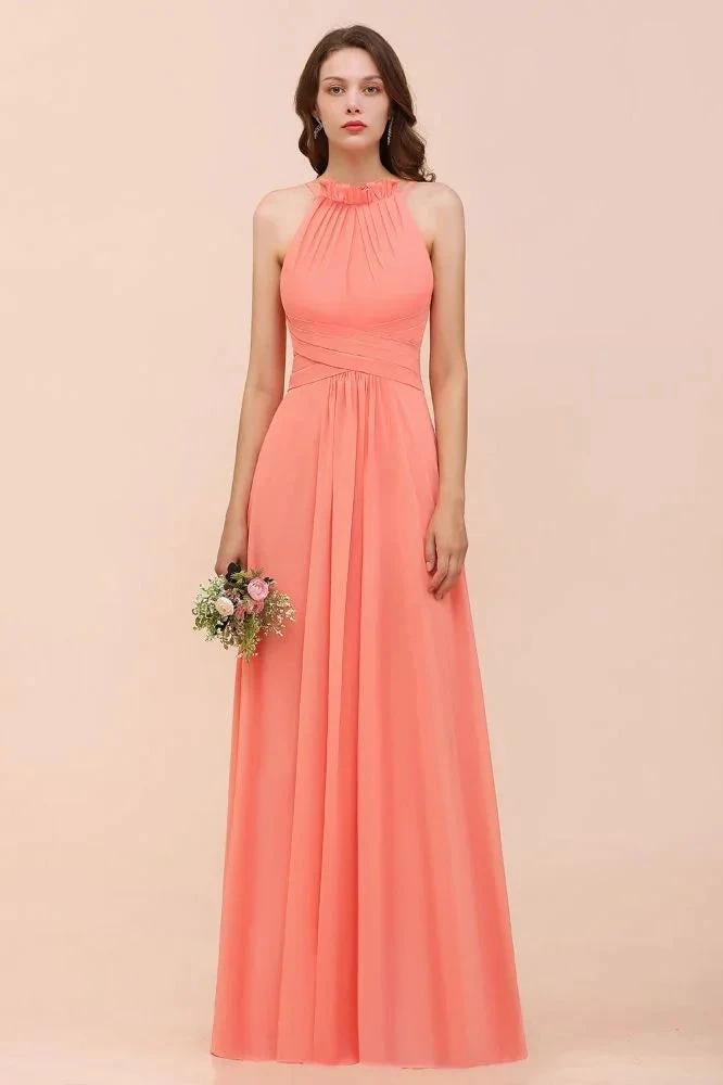 halter Beach Bridesmaid Dress Girls Coral Floor Length Wedding Party Dress