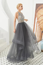 Halter Beadings Aline Tulle Layers Prom Dress Sleeveless Evening Dress