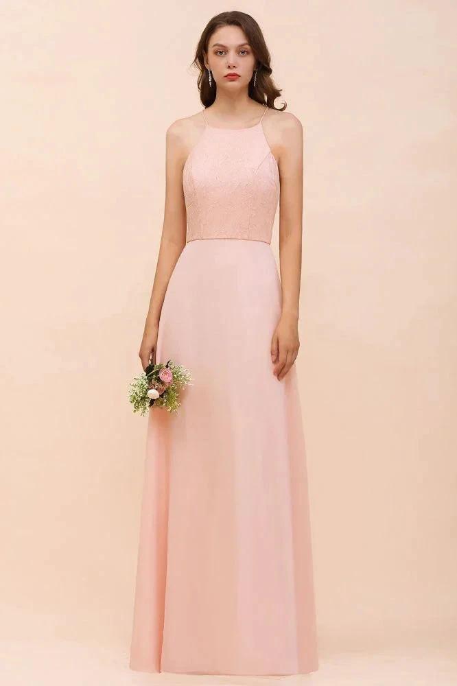 Halter Bridesmaid Dress Pink Floor Length Formal Event Dress