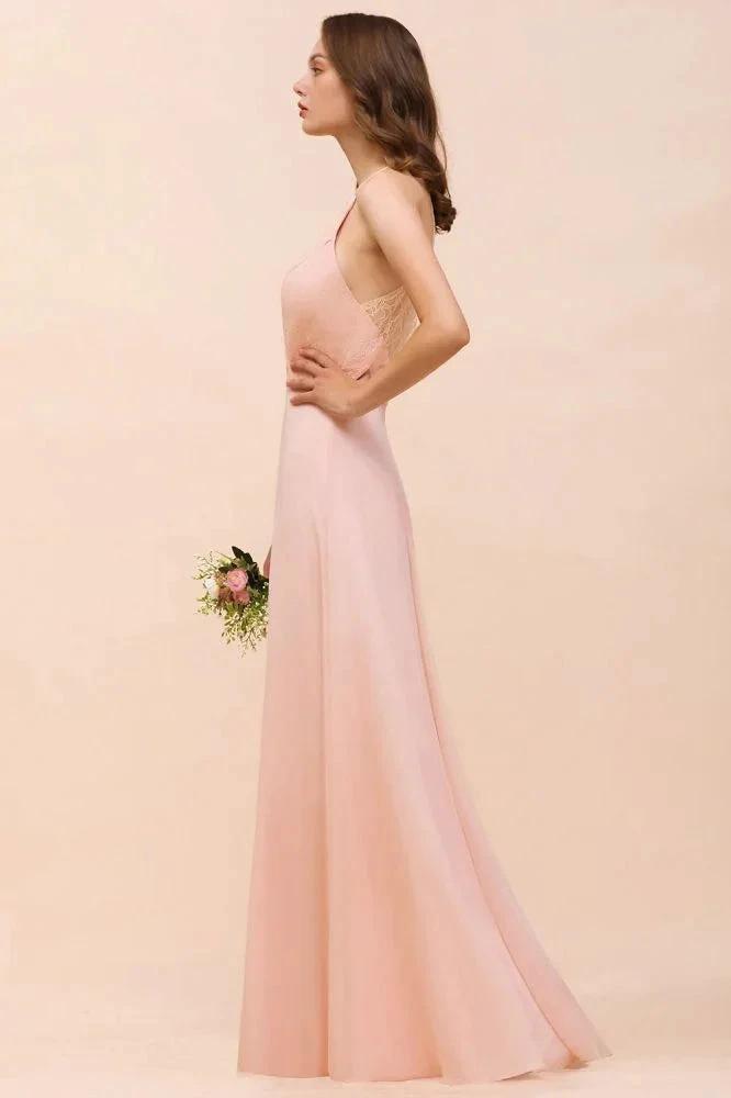 Halter Bridesmaid Dress Pink Floor Length Formal Event Dress