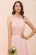 Halter Bridesmaid Dress Pink Floor Length Formal Event Dress