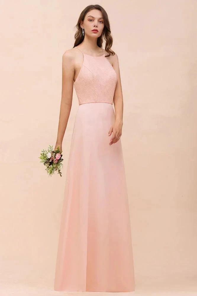 Halter Bridesmaid Dress Pink Floor Length Formal Event Dress