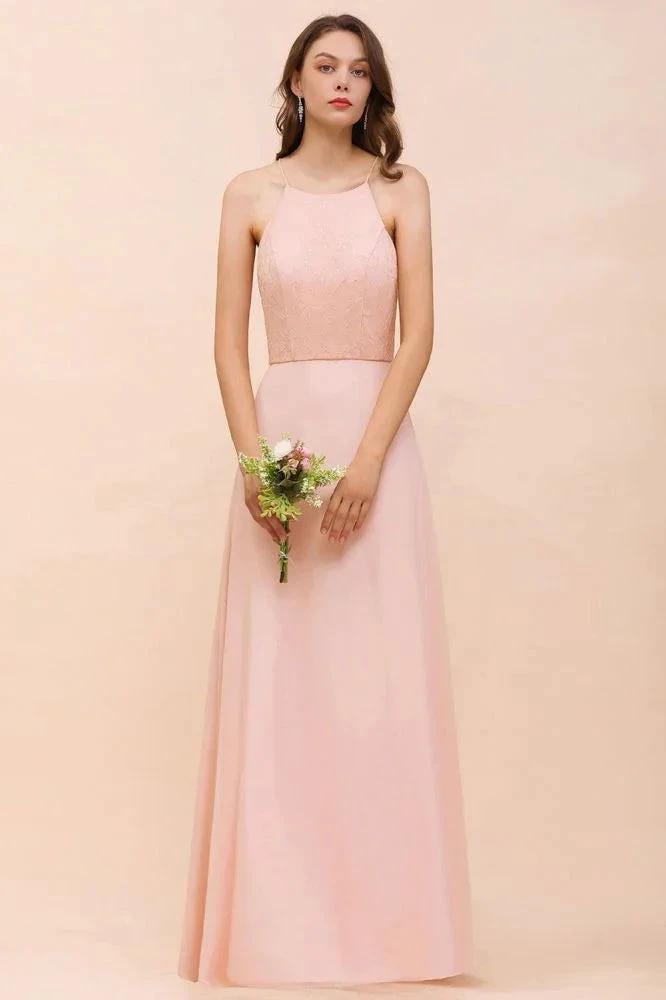 Halter Bridesmaid Dress Pink Floor Length Formal Event Dress