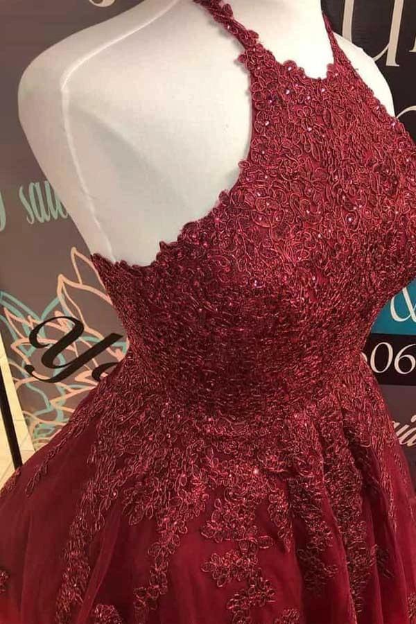Halter Burgundy Lace A-Line Cute Backless Homecoming Dress PD373