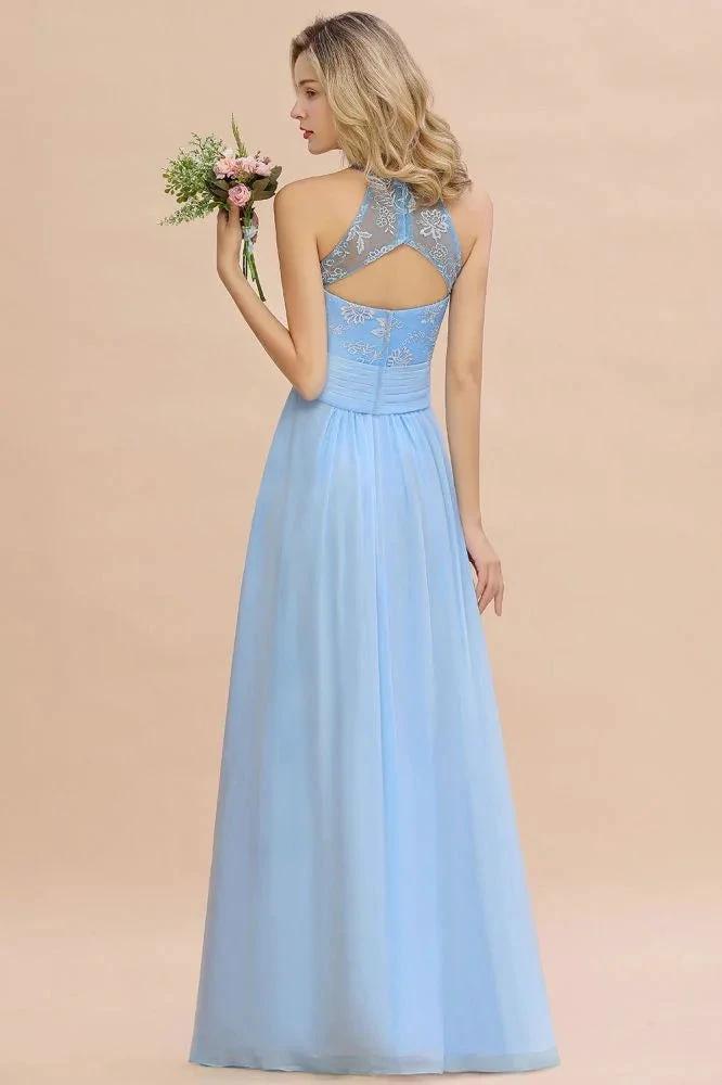 Halter Floral lace aline Chiffon Bridesmaid Dress Sleeveless Ruffle Wedding Guest Dress