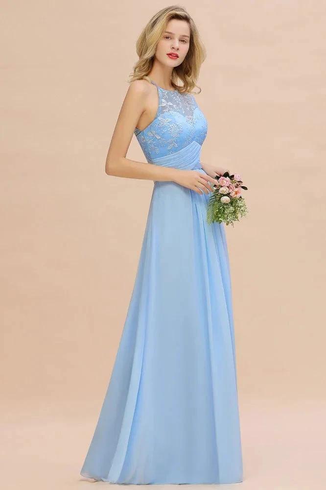 Halter Floral lace aline Chiffon Bridesmaid Dress Sleeveless Ruffle Wedding Guest Dress