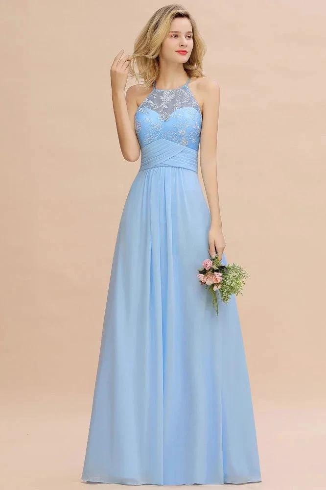 Halter Floral lace aline Chiffon Bridesmaid Dress Sleeveless Ruffle Wedding Guest Dress