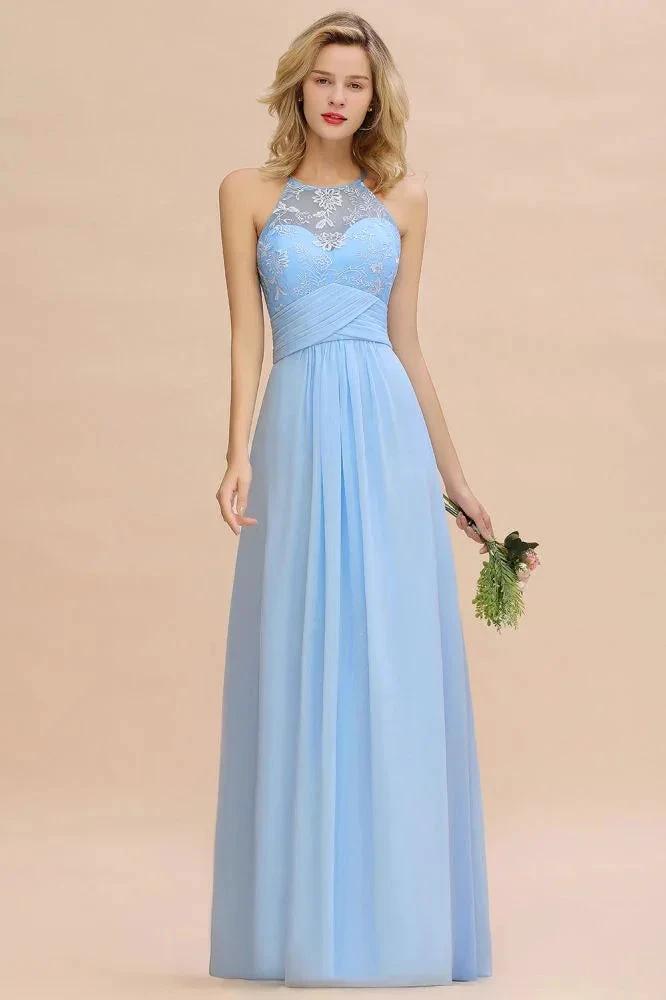 Halter Floral lace aline Chiffon Bridesmaid Dress Sleeveless Ruffle Wedding Guest Dress
