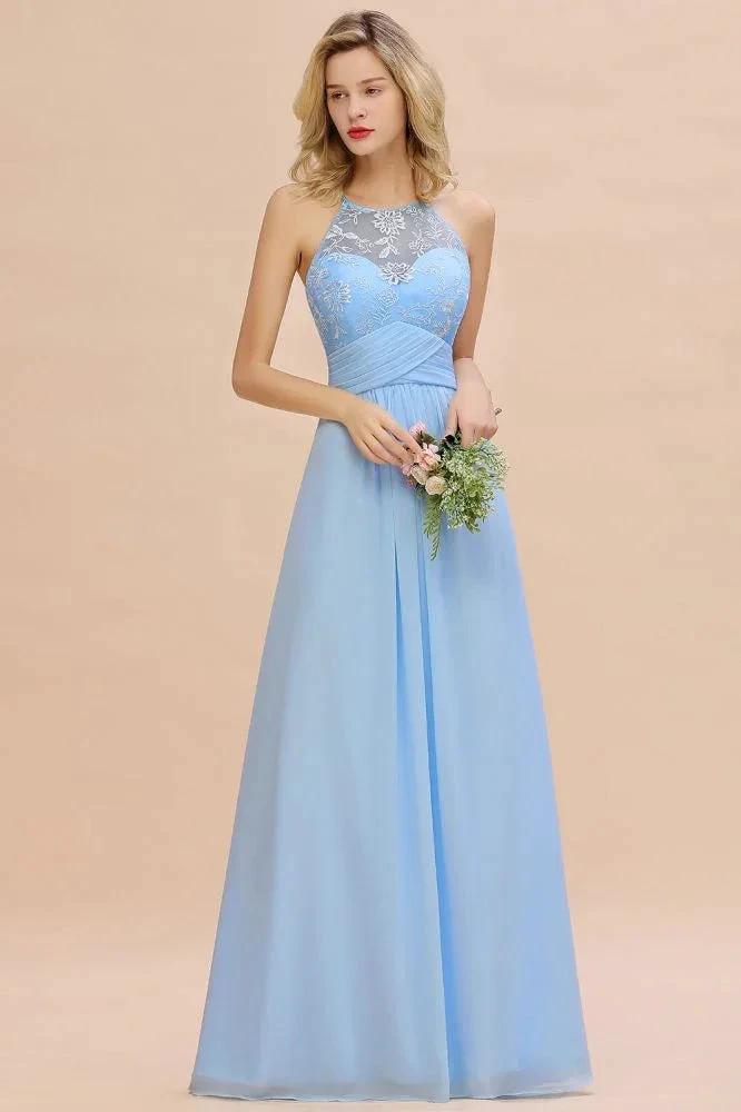 Halter Floral lace aline Chiffon Bridesmaid Dress Sleeveless Ruffle Wedding Guest Dress