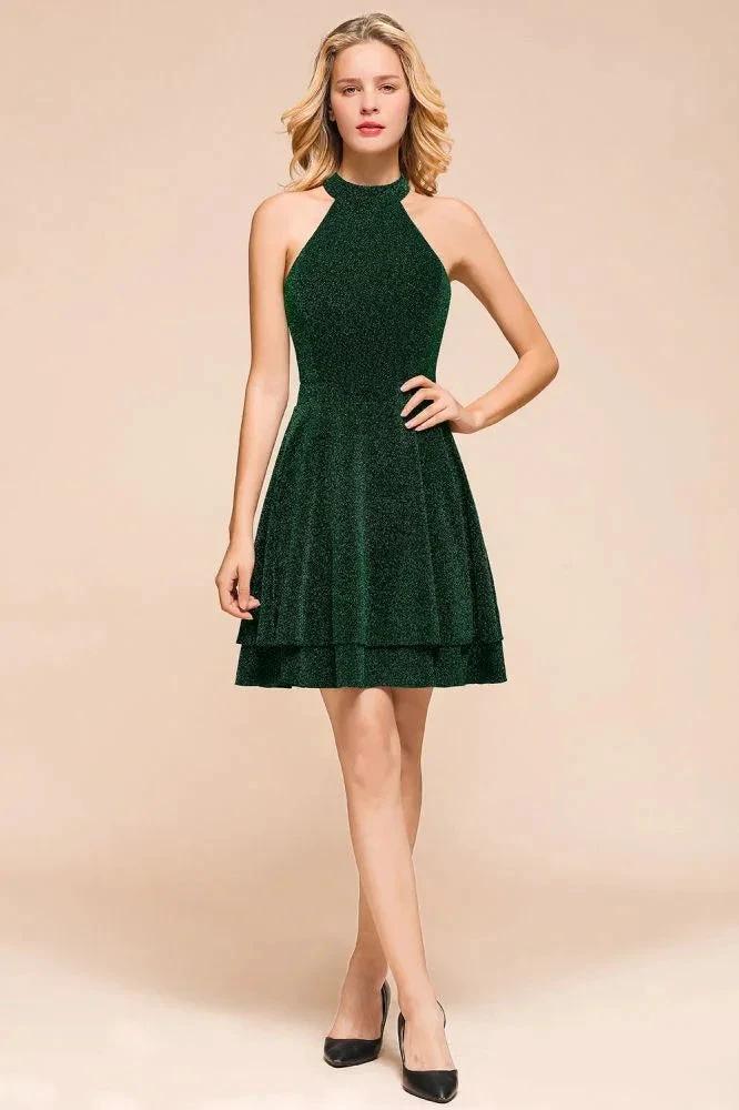 Halter Knee Length Homecoming Dress Sleeveless Dark Green Bright Silk Evening Dress