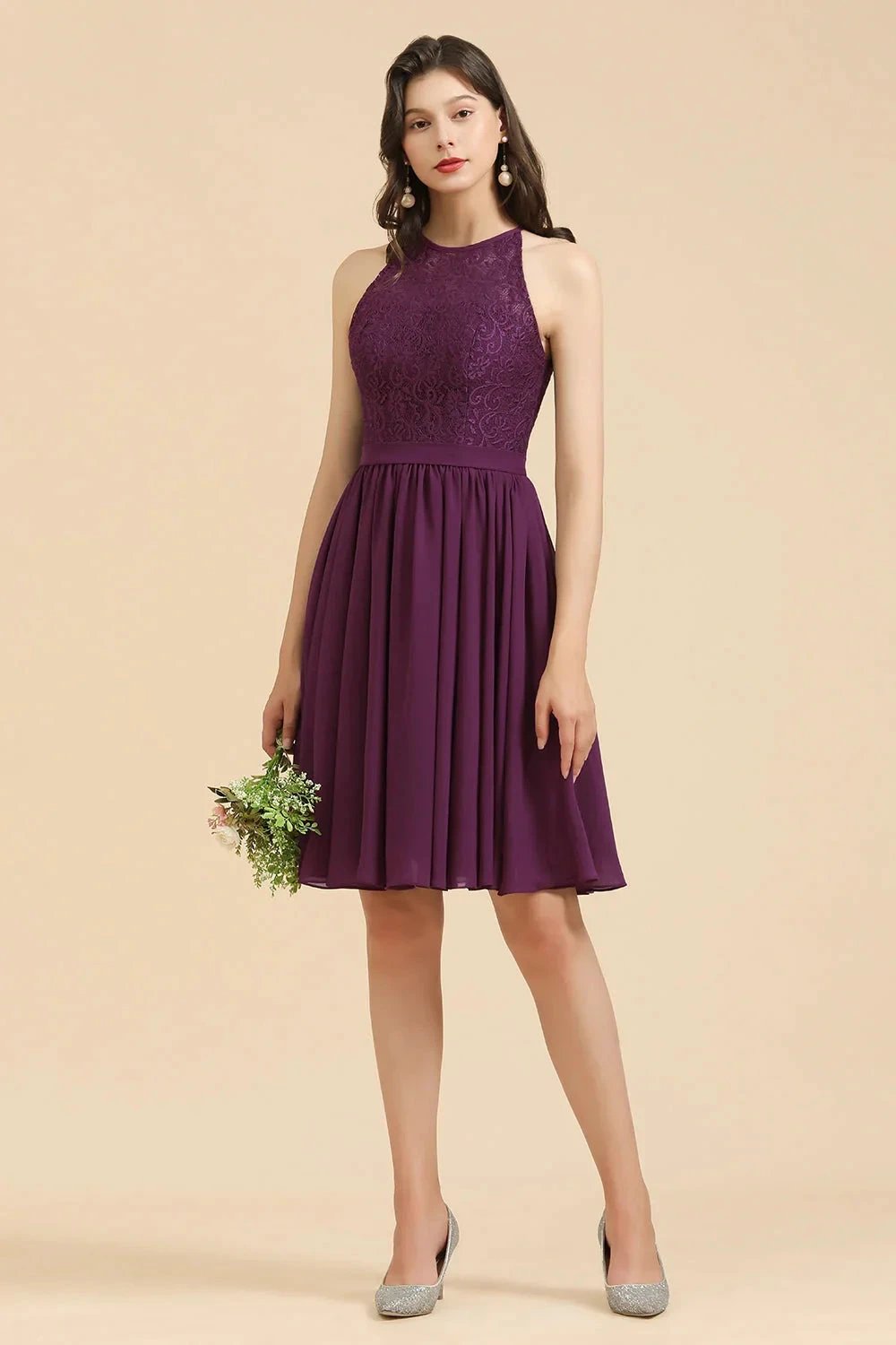 Halter Lace Bridesmaid Dress Chiffon Sleeveless Short Dress