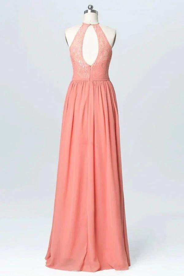 Halter Lace Long Chiffon Peach Bridesmaid Dresses  BD060