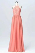 Halter Lace Long Chiffon Peach Bridesmaid Dresses  BD060