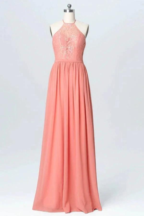 Halter Lace Long Chiffon Peach Bridesmaid Dresses  BD060