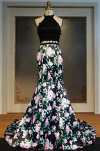 Halter Long Mermaid Two-piece Lace Top Print Flowers Prom Dresses