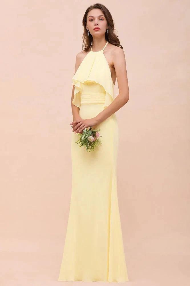 Halter Mermaid Chiffon Girls Bridesmaid Dress Yellow Floor length Beach Wedding Dress